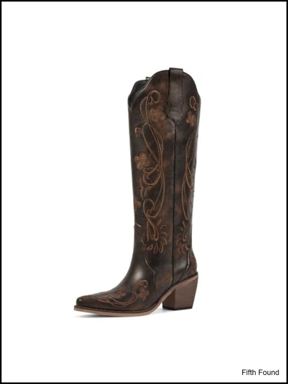 Knee High Western Cowboy Boots Faux Leather Floral Embroidery Pointed Toe
